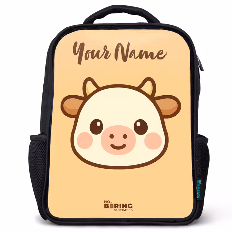 Kids backpack with name - Black - Kawai - Cow - Brown — 1