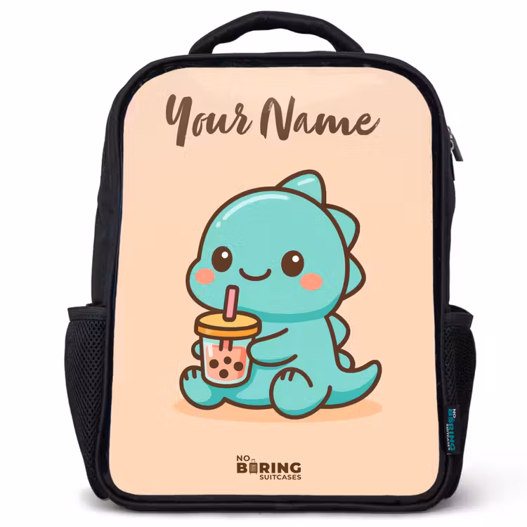 Kids backpack with name - Black - Kawai - Dino - Bubbletea — 1