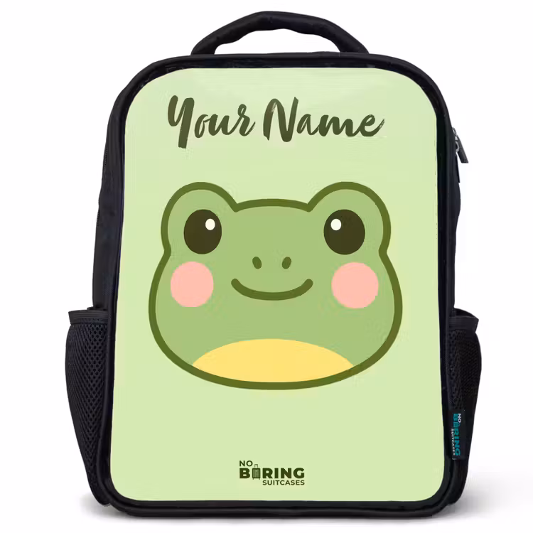 Kids backpack with name - Black - Kawai - Frog - Green — 1