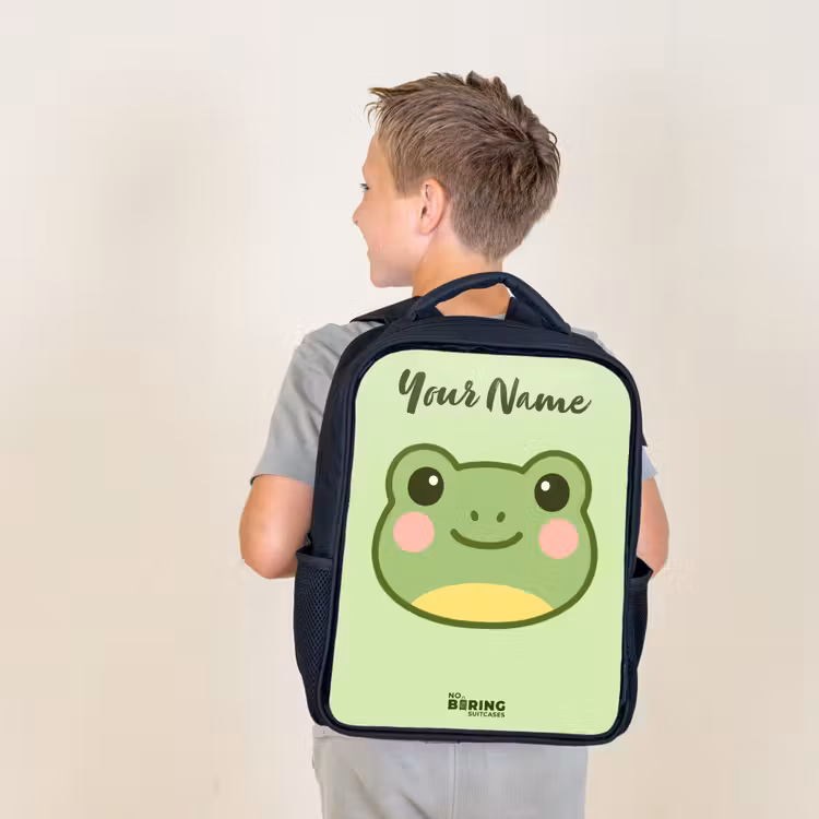 Kids backpack with name - Black - Kawai - Frog - Green — 2