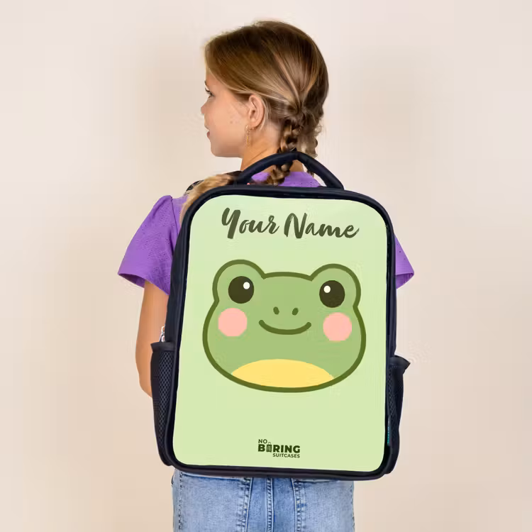 Kids backpack with name - Black - Kawai - Frog - Green — 4