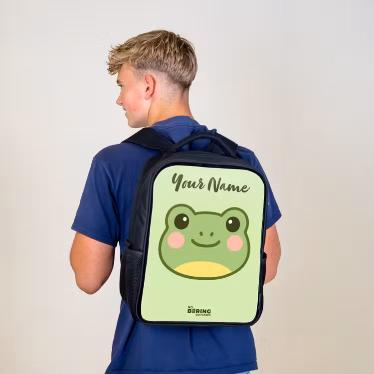 Kids backpack with name - Black - Kawai - Frog - Green — 5