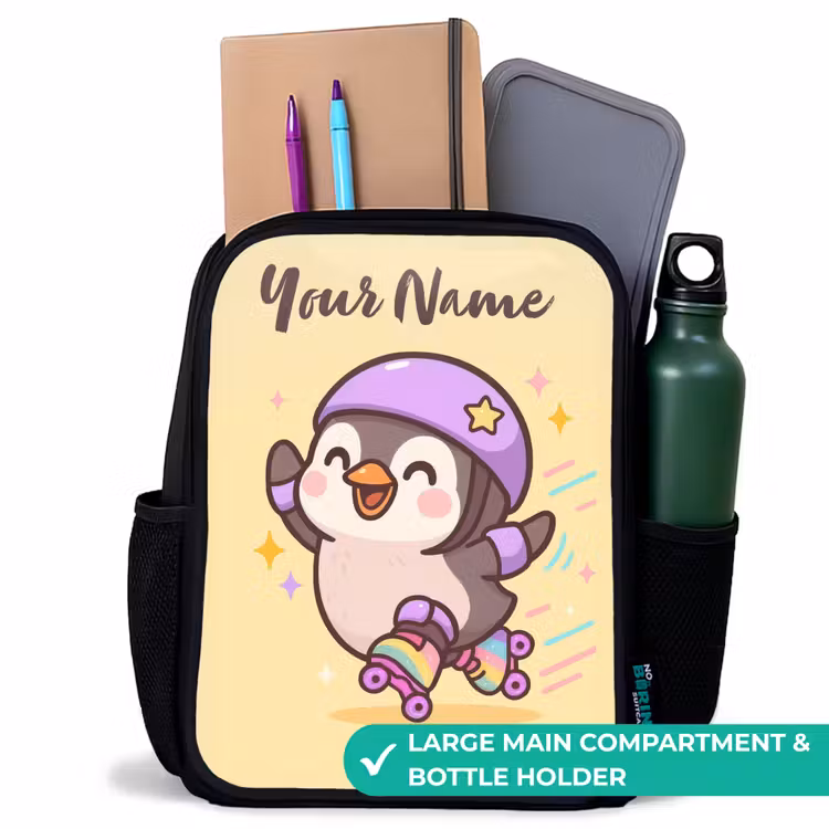 Kids backpack with name - Black - Kawai - Penguin - Roller skates — 10
