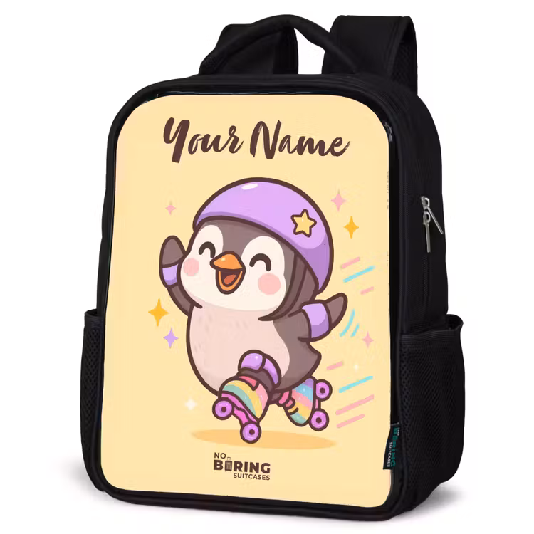 Kids backpack with name - Black - Kawai - Penguin - Roller skates — 6