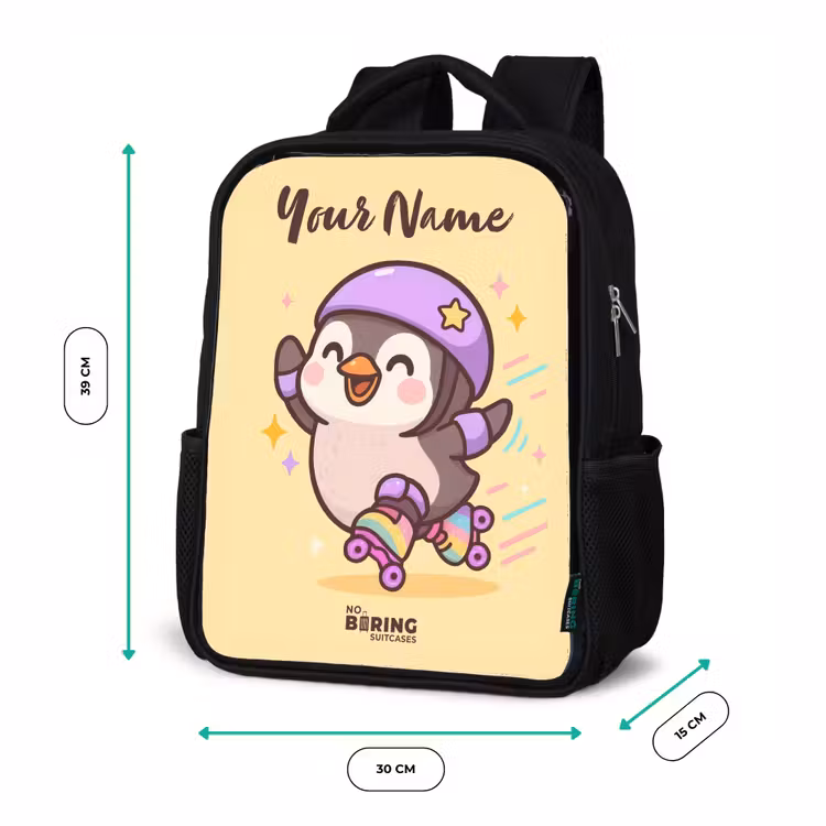 Kids backpack with name - Black - Kawai - Penguin - Roller skates — 8