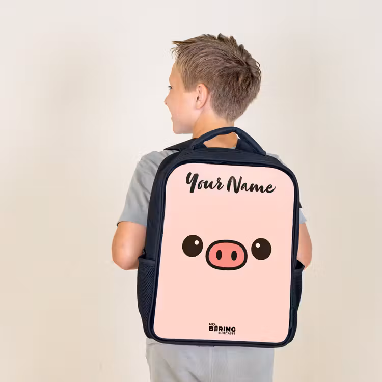 Kids backpack with name - Black - Kawai - Pig - Pink — 2