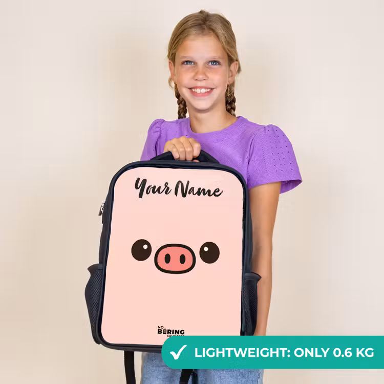Kids backpack with name - Black - Kawai - Pig - Pink — 9