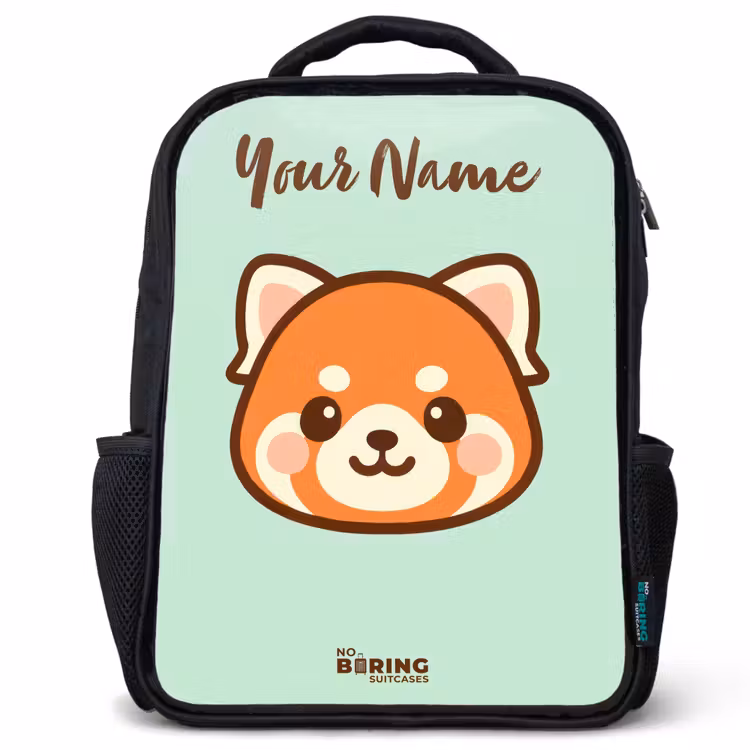 Kids backpack with name - Black - Kawai - Red panda - Green — 1