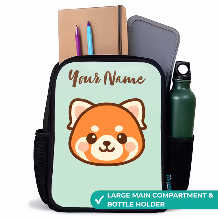 Kids backpack with name - Black - Kawai - Red panda - Green — 10