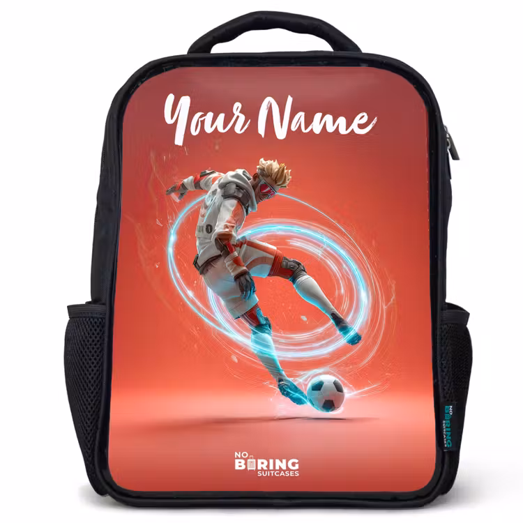 Kids backpack with name - Black - Soccer player - Ball - Light circle - Red — 1