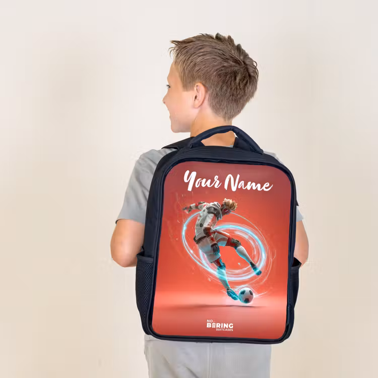 Kids backpack with name - Black - Soccer player - Ball - Light circle - Red — 2