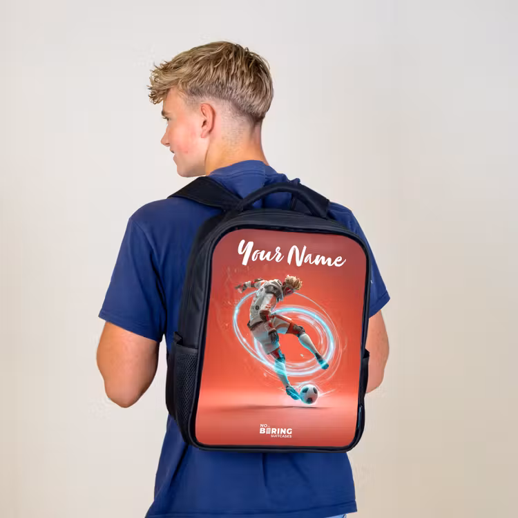 Kids backpack with name - Black - Soccer player - Ball - Light circle - Red — 5