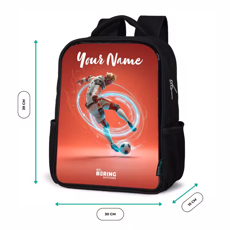 Kids backpack with name - Black - Soccer player - Ball - Light circle - Red — 8