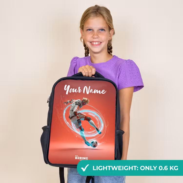 Kids backpack with name - Black - Soccer player - Ball - Light circle - Red — 9