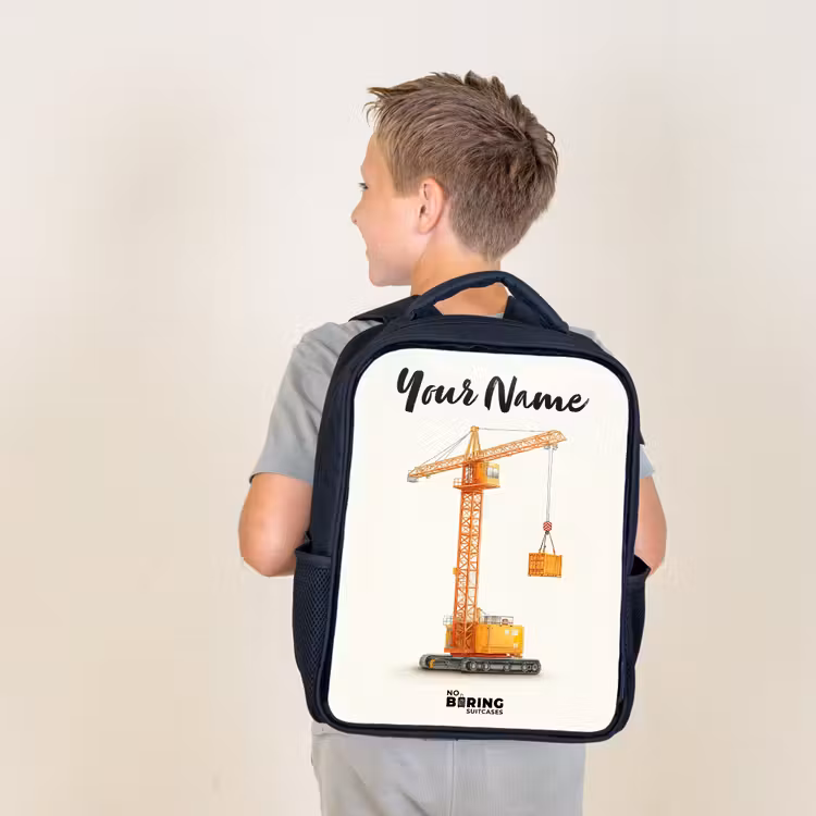 Kids backpack with name - Black - Tower Crane - Signed - Orange — 2