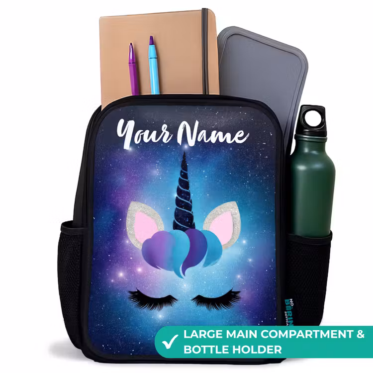 Kids backpack with name - Black - Unicorn - Stars - Blue — 10