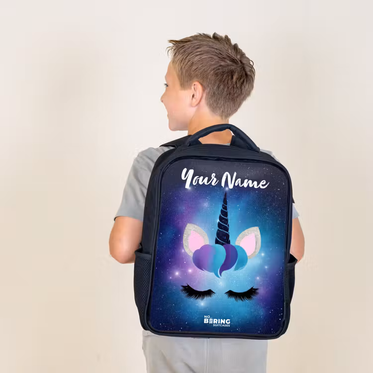 Kids backpack with name - Black - Unicorn - Stars - Blue — 2