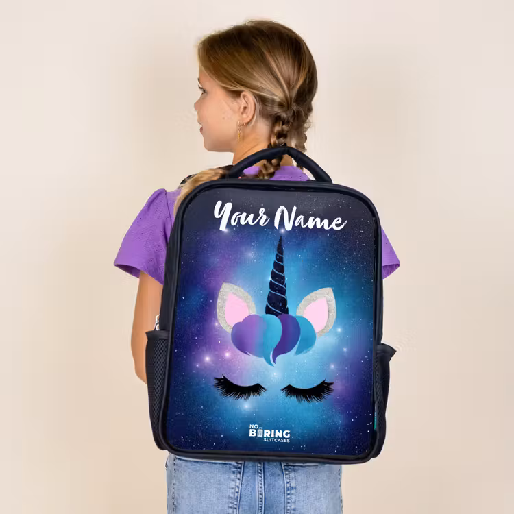 Kids backpack with name - Black - Unicorn - Stars - Blue — 4