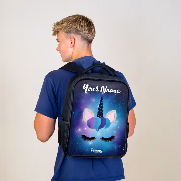 Kids backpack with name - Black - Unicorn - Stars - Blue — 5