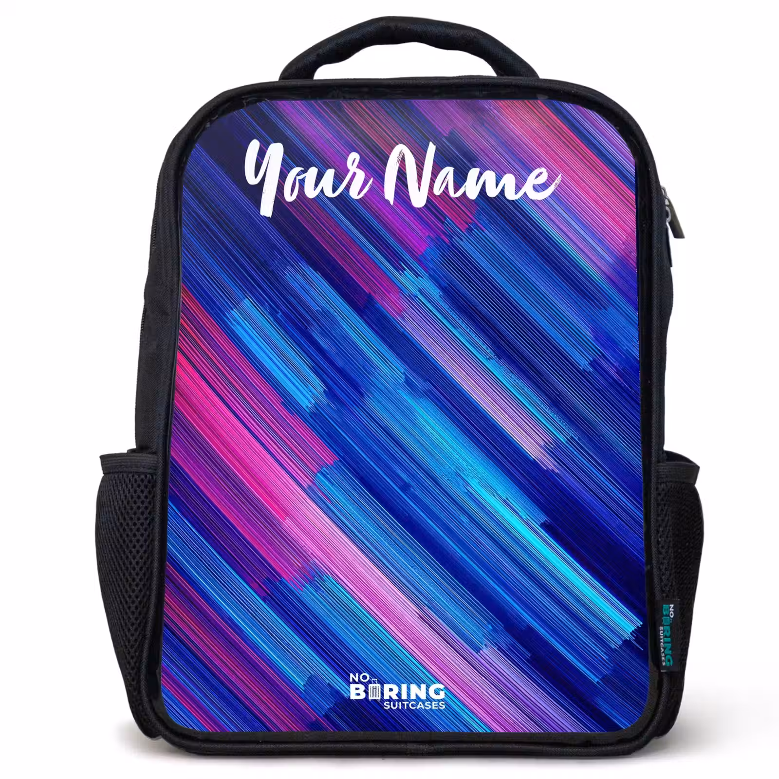 Kids backpack with name - Black - Neon - Stripes - Abstract - Blue - Pink — 1