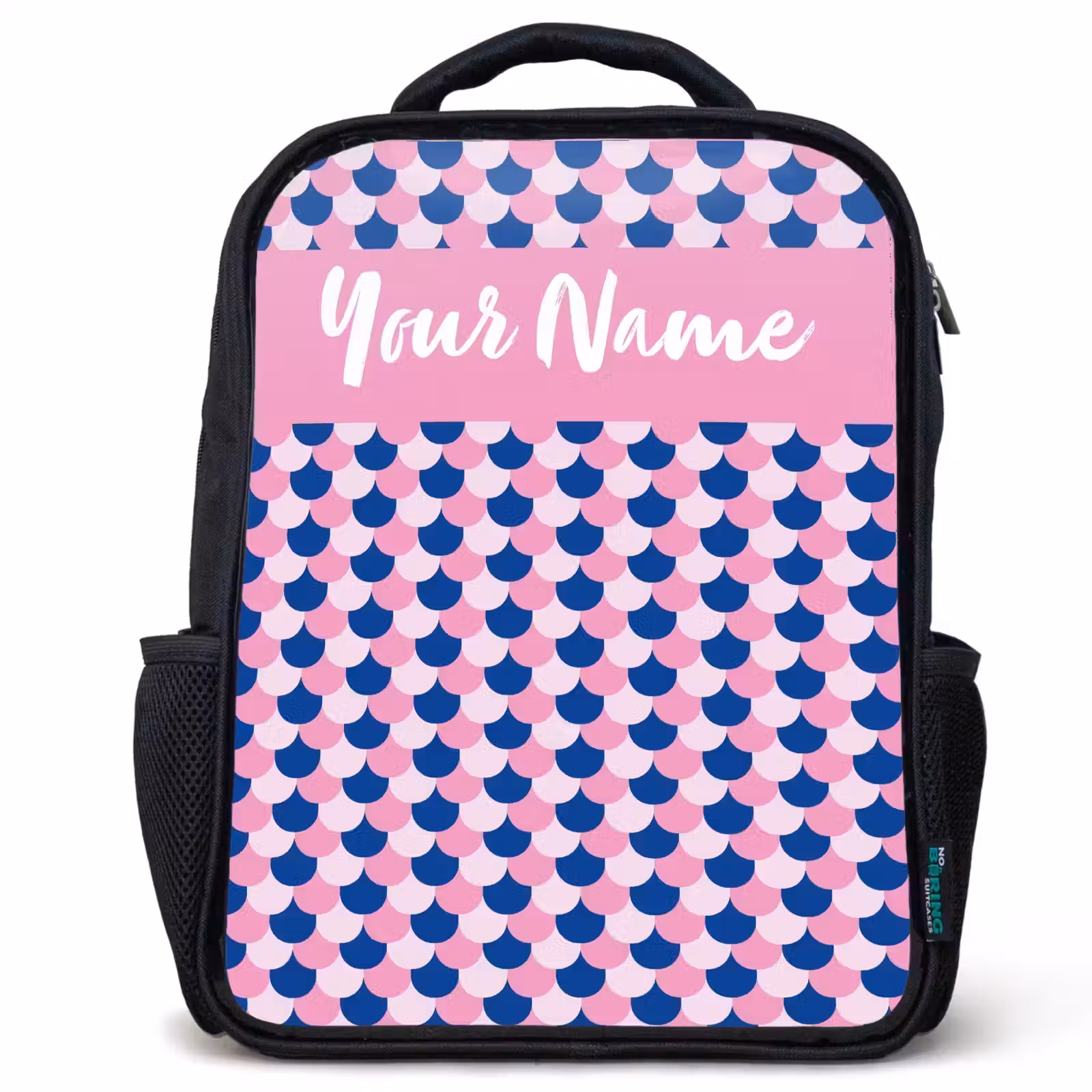 Kids backpack with name - Black - Scales - Pattern - Blue - Pink — 1
