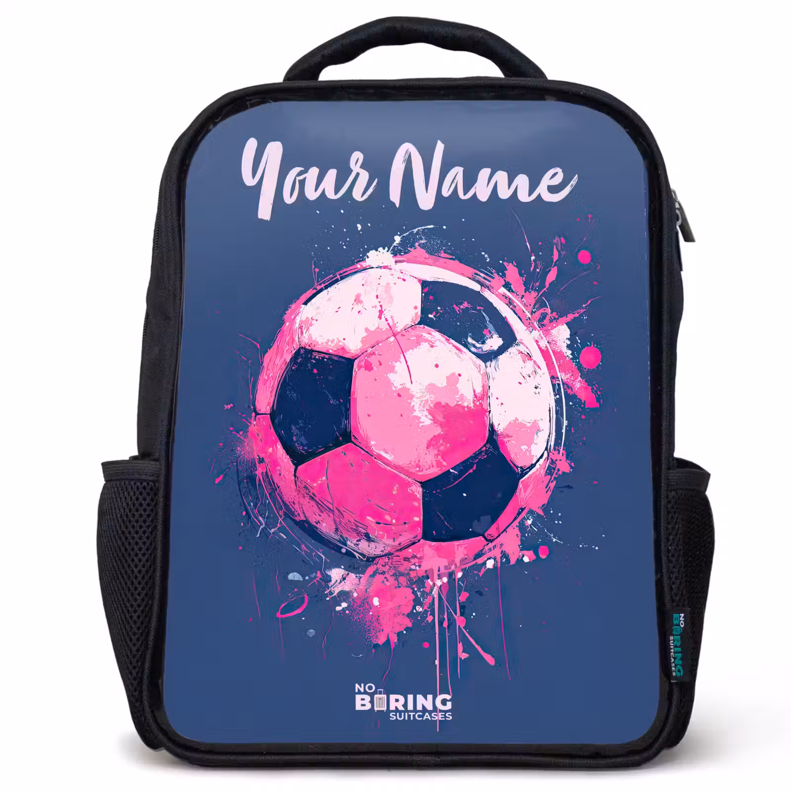 Kids backpack with name - Black - Soccer vibes - Paint - Pink - Blue — 1