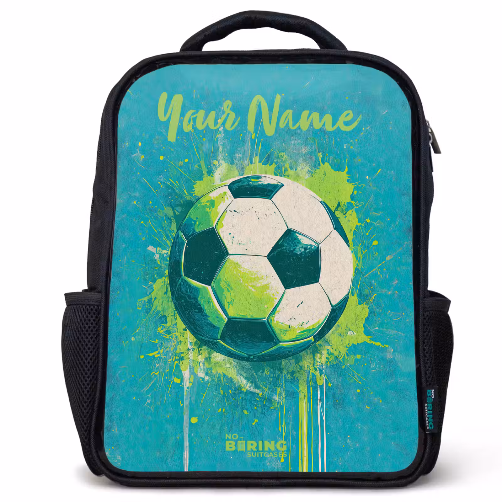 Kids backpack with name - Black - Soccer vibes - Paint splashes - Green - Blue — 1