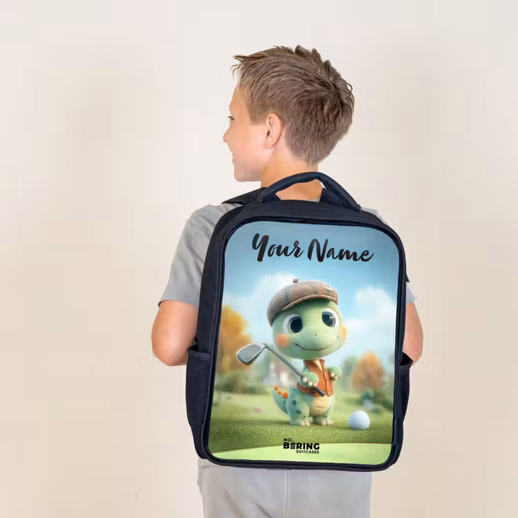 Kids backpack with name - Black - Golf - Dino - Green — 2