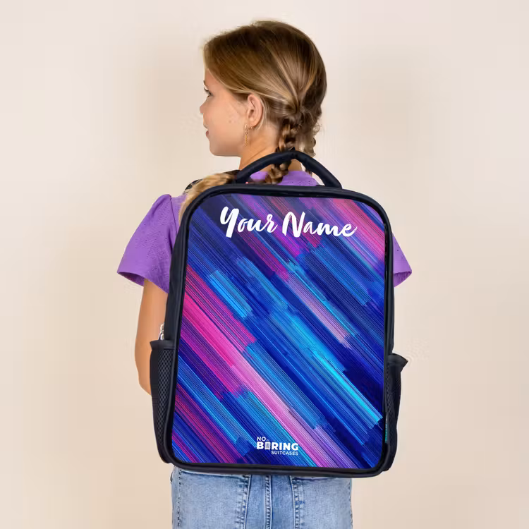 Kids backpack with name - Black - Neon - Stripes - Abstract - Blue - Pink — 4