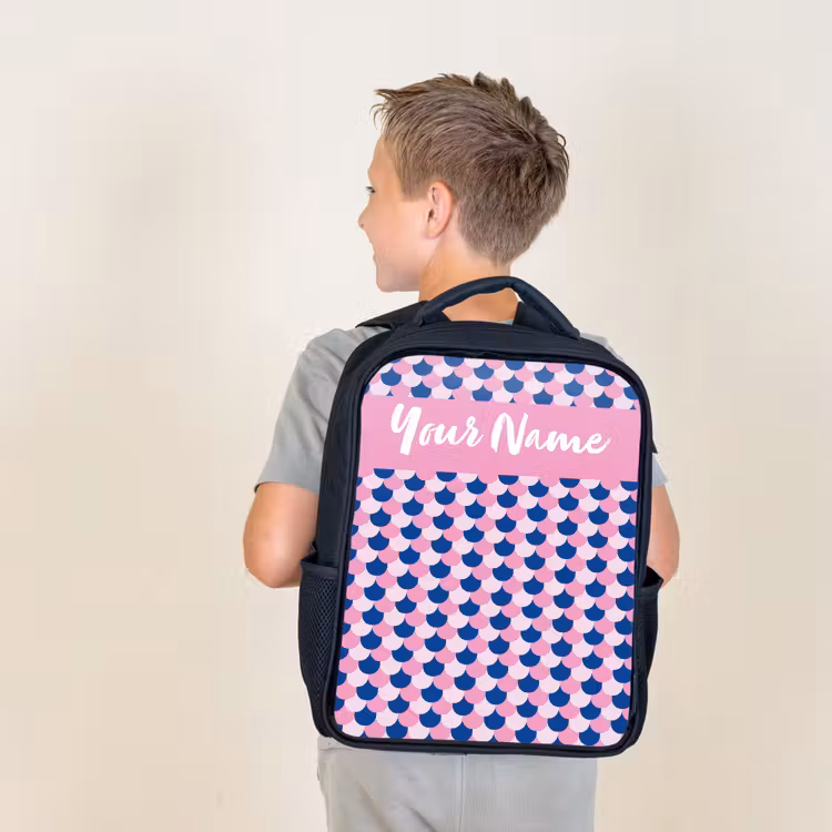 Kids backpack with name - Black - Scales - Pattern - Blue - Pink — 2