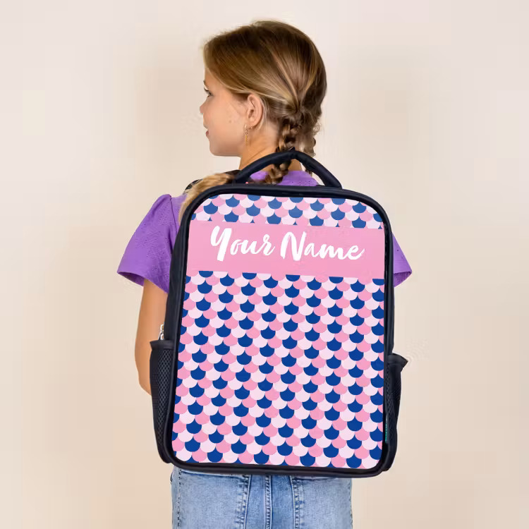 Kids backpack with name - Black - Scales - Pattern - Blue - Pink — 4