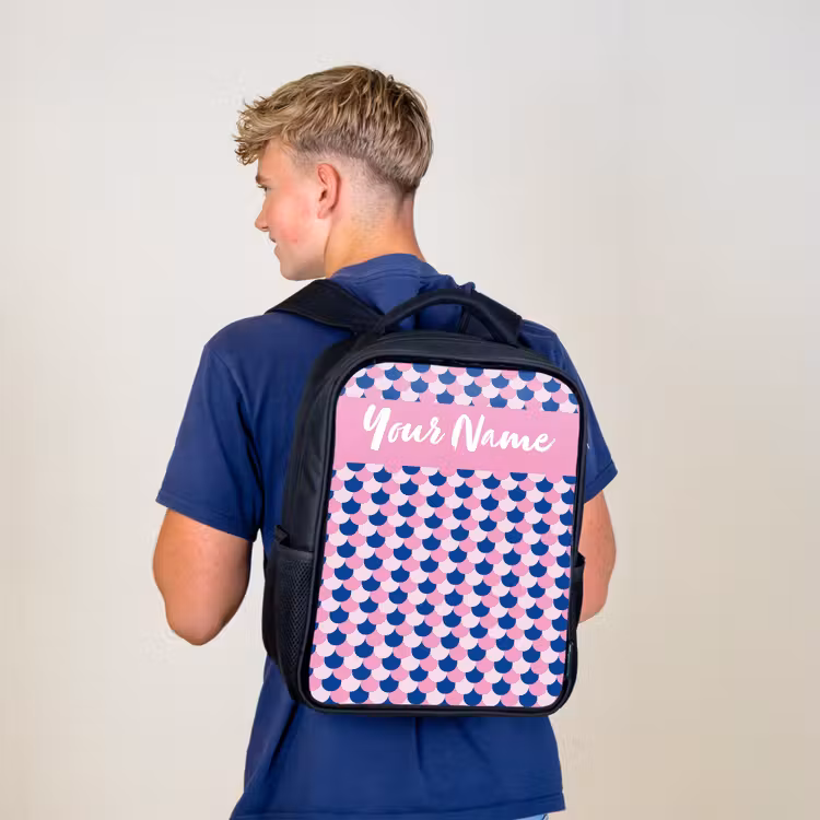 Kids backpack with name - Black - Scales - Pattern - Blue - Pink — 5