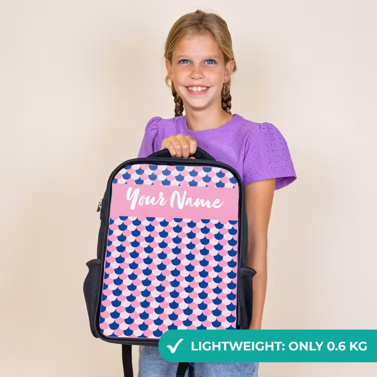 Kids backpack with name - Black - Scales - Pattern - Blue - Pink — 9