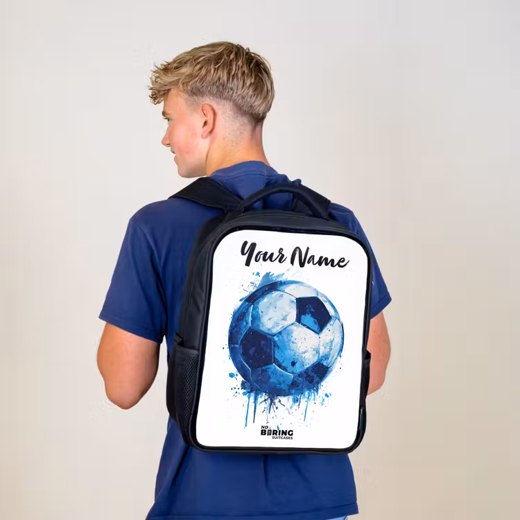 Kids backpack with name - Black - Soccer vibes - Ink splashes - Blue — 5