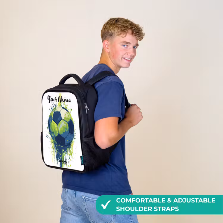 Kids backpack with name - Black - Soccer Vibes - Paint - Green - Blue — 11