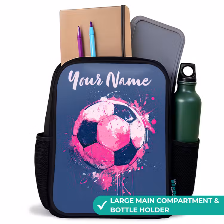 Kids backpack with name - Black - Soccer vibes - Paint - Pink - Blue — 10
