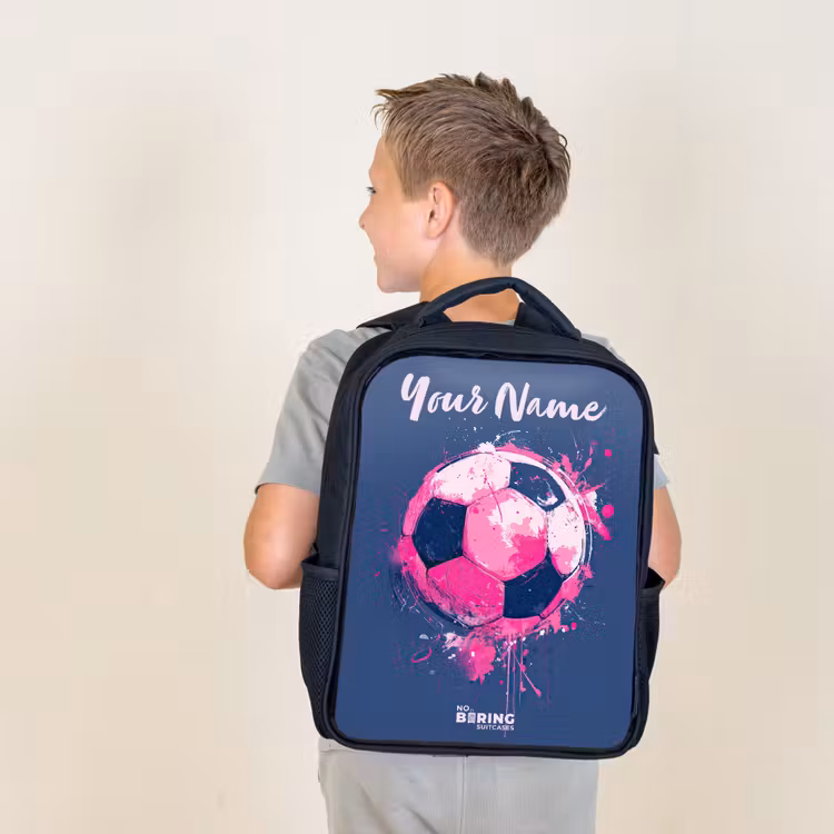 Kids backpack with name - Black - Soccer vibes - Paint - Pink - Blue — 2