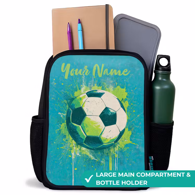 Kids backpack with name - Black - Soccer vibes - Paint splashes - Green - Blue — 10
