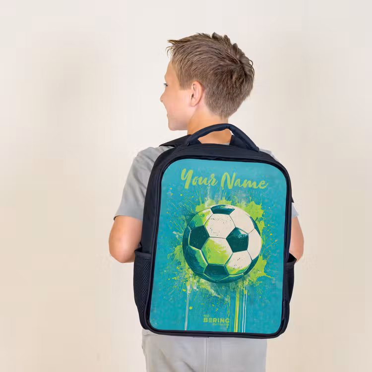 Kids backpack with name - Black - Soccer vibes - Paint splashes - Green - Blue — 2