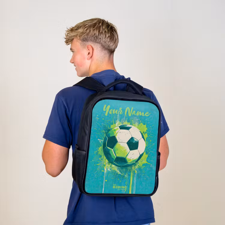 Kids backpack with name - Black - Soccer vibes - Paint splashes - Green - Blue — 5