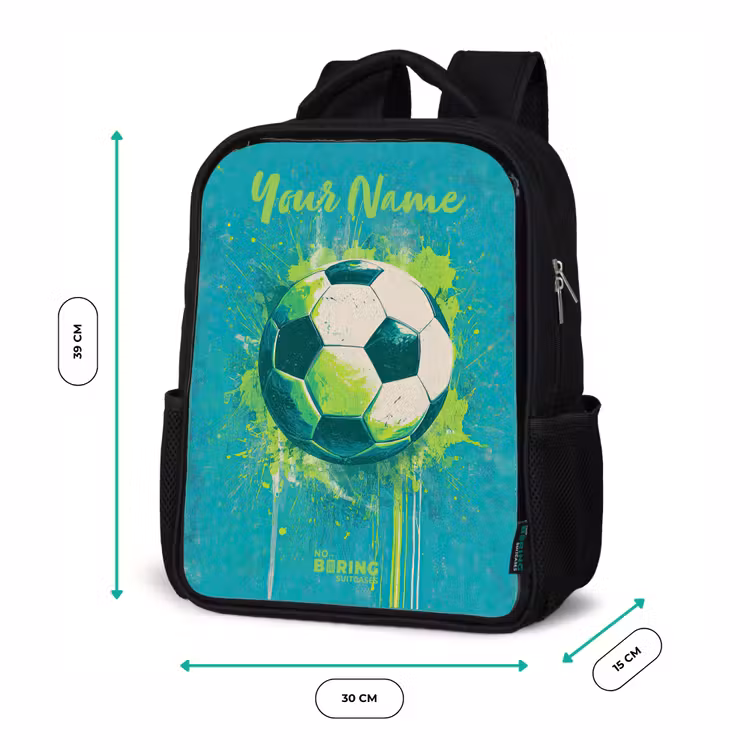 Kids backpack with name - Black - Soccer vibes - Paint splashes - Green - Blue — 8