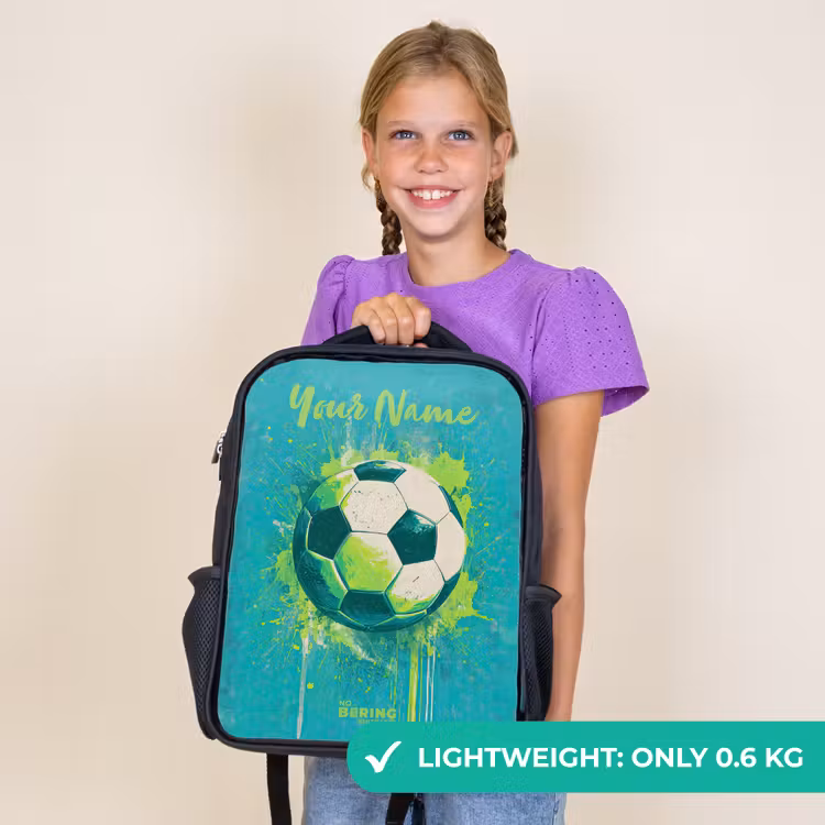 Kids backpack with name - Black - Soccer vibes - Paint splashes - Green - Blue — 9