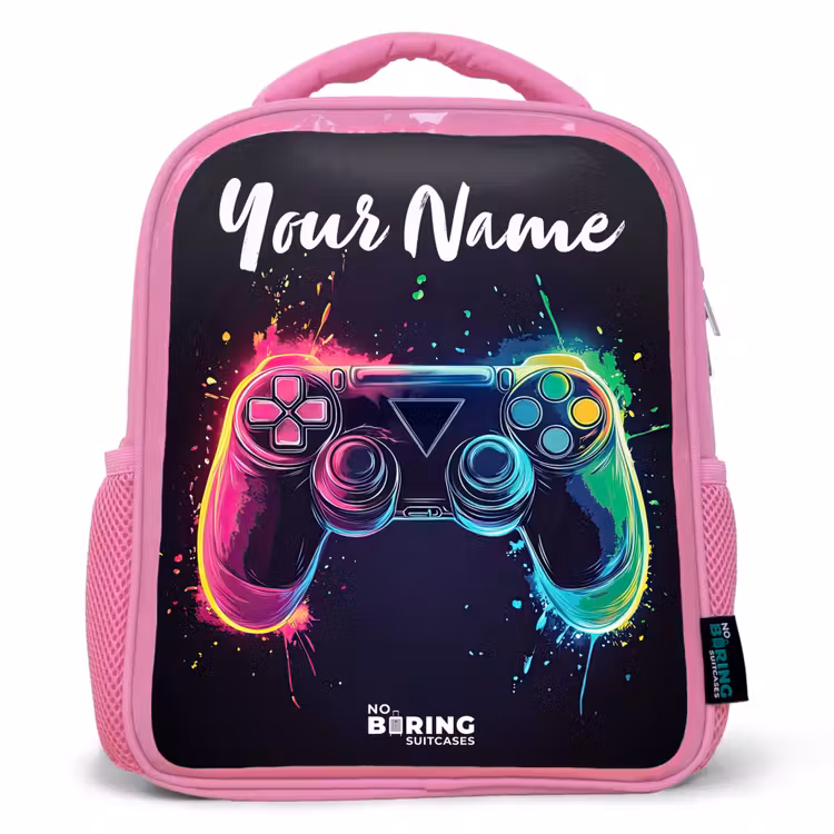 Kids backpack with name - Pink - Neon - Controller - Paint splashes - Game — 1