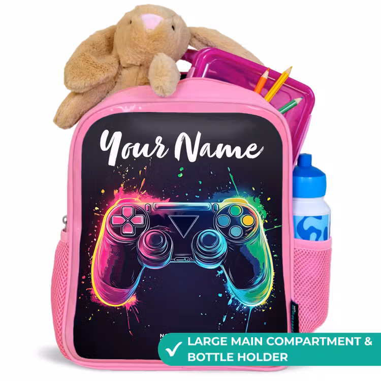 Kids backpack with name - Pink - Neon - Controller - Paint splashes - Game — 2