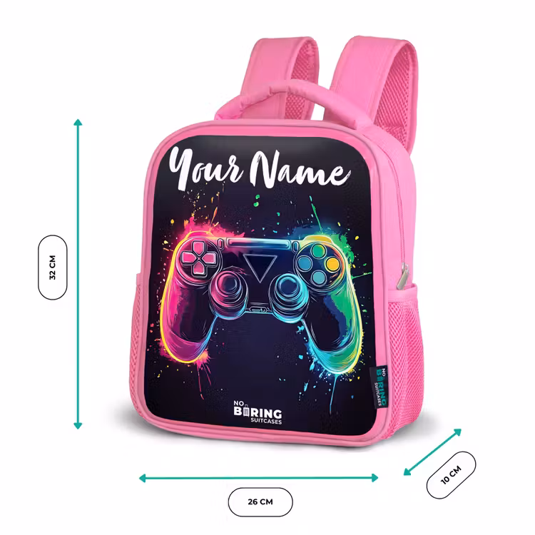 Kids backpack with name - Pink - Neon - Controller - Paint splashes - Game — 3