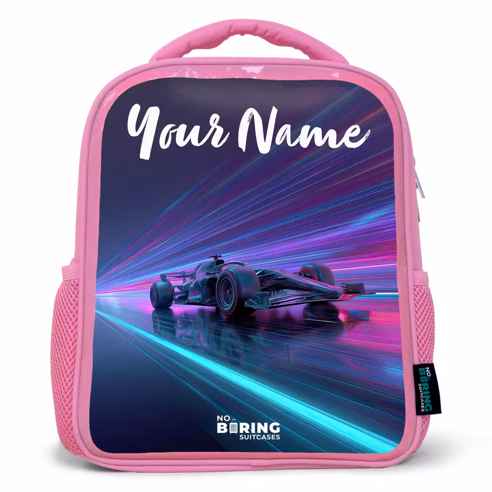 Kids backpack with name - Pink - Light beams - Neon - Racing car - Purple — 1