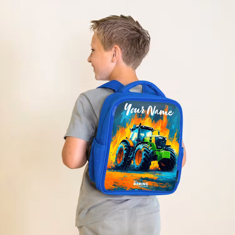 Kids backpack with name - Blue - Abstract - Tractor - Green — 2