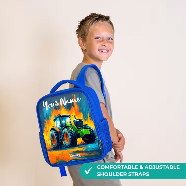 Kids backpack with name - Blue - Abstract - Tractor - Green — 4
