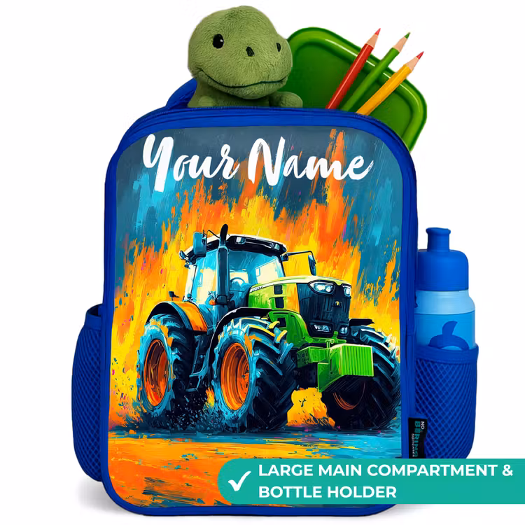 Kids backpack with name - Blue - Abstract - Tractor - Green — 5