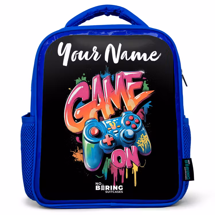Kids backpack with name - Blue - Controller - Game - Graffiti - Text — 1